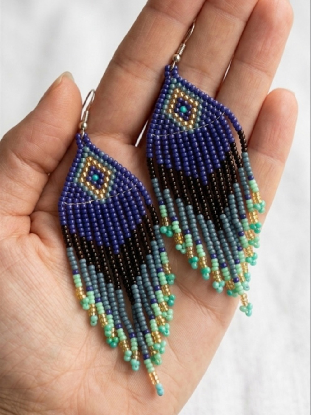 NWT Boho Beaded Fringe Earrings | Blue, Teal & Black Statement Dangles